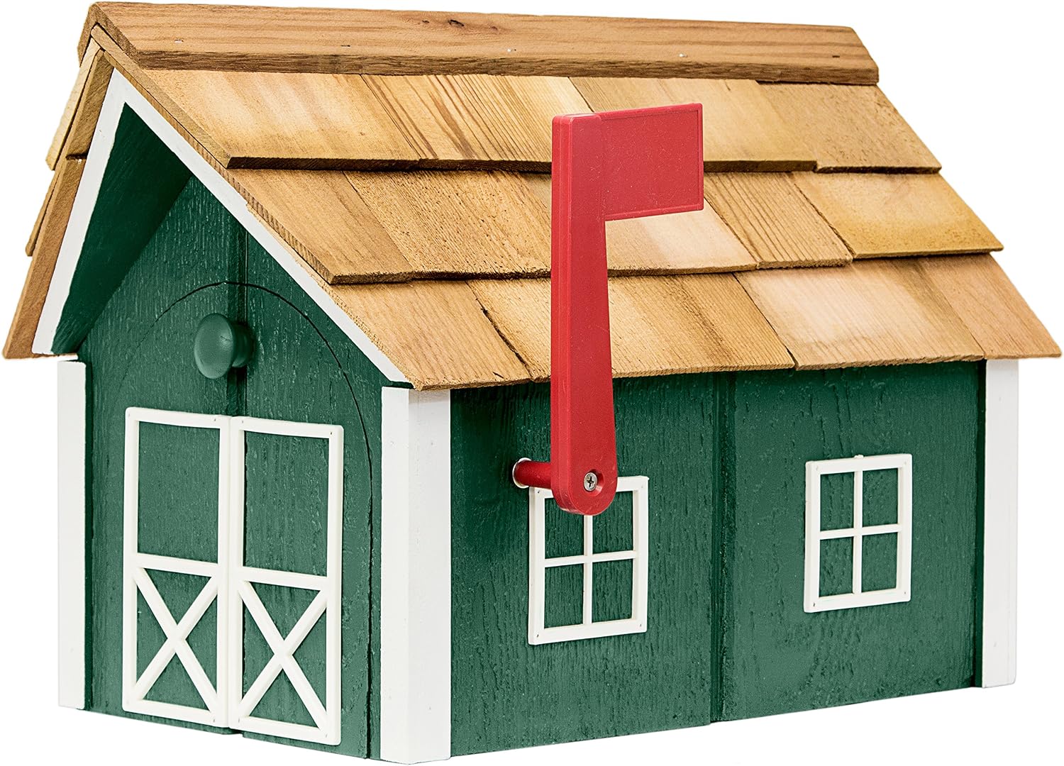 Amish-Made Deluxe Post Mount Wooden Mailbox with Cedar Shingles (Chestnut with White Trim)