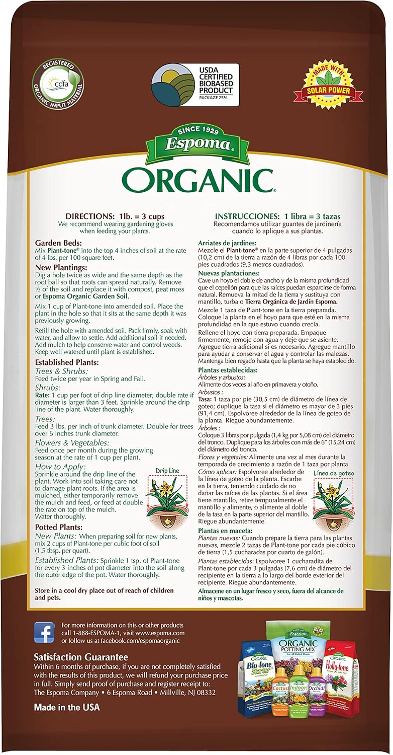 Espoma Organic Plant-Tone 5-3-3 Natural & Organic All Purpose Plant Food, 4 lb. Bag, The Original Organic Fertilizer for All Flowers, Vegetables