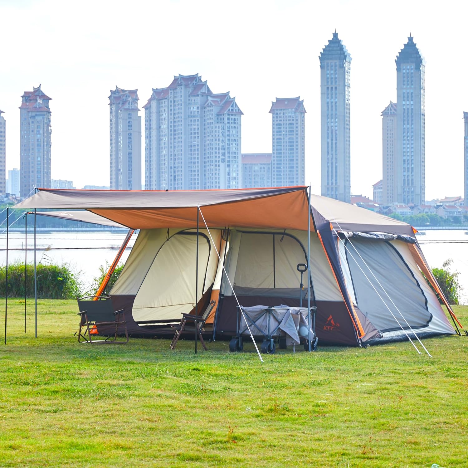 KTT Extra Large Tent 12-14 Person, Family Cabin Tents, 2 Rooms, Straight Wall, 2 Doors 4 Windows with Mesh, Waterproof, Double Layer