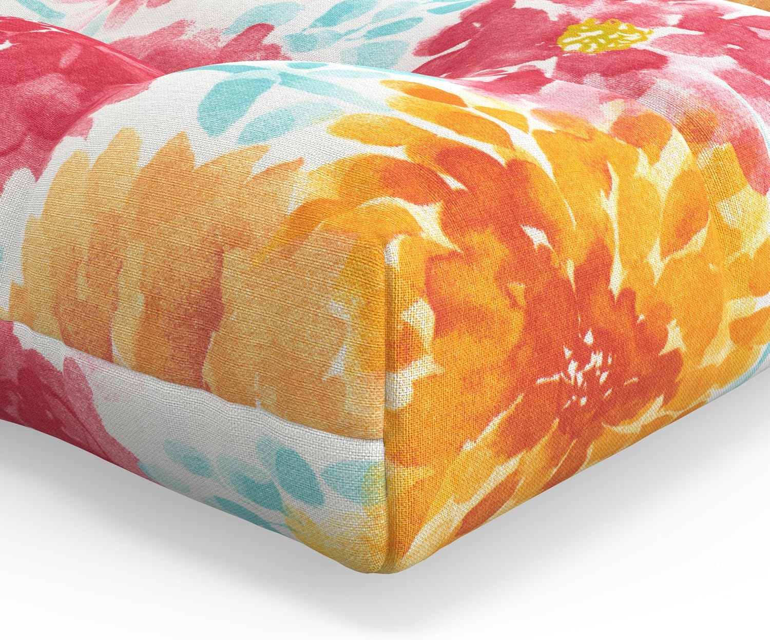 Pillow Perfect Bright Floral Indoor/Outdoor Tufted Wicker Seat Cushion, 2 Count, 19" x 19", Blue/Tan Telfair Peacock