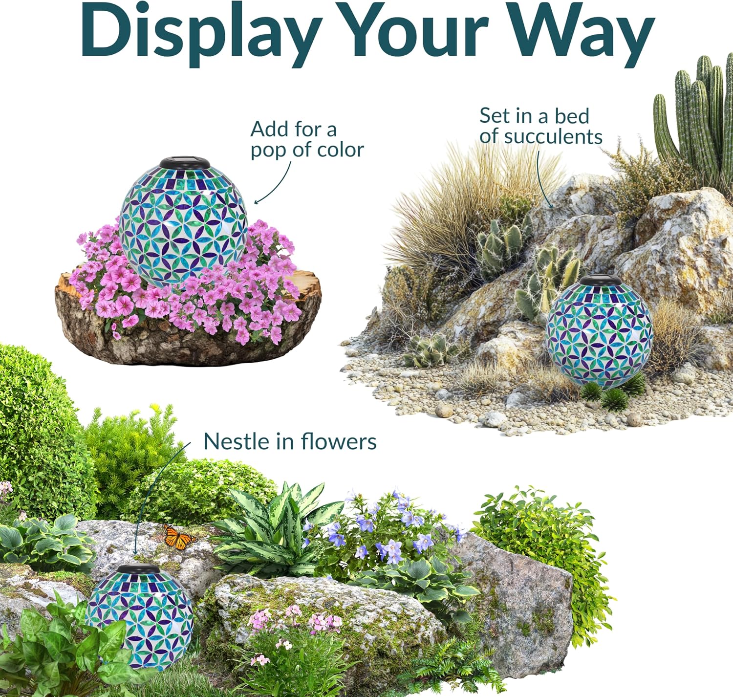 Sunnydaze Solar Gazing Ball for Garden, Mosaic Cool Blooms