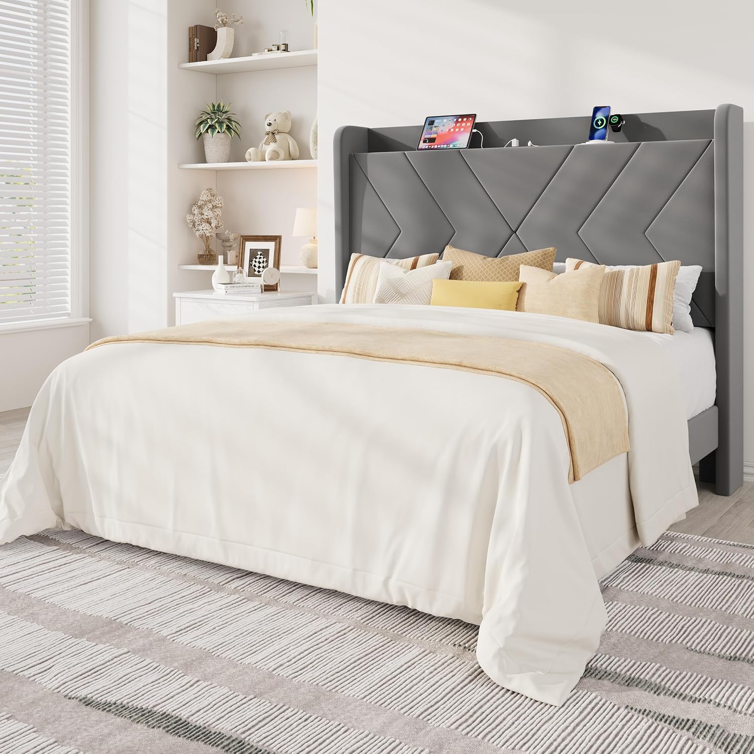Allewie Full Size Platform Bed Frame with Charging Station and Storage Shelf/Upholstered Velvet Wingback Headboard/Wooden Slats Support/No Box Spring Needed/Easy Assembly, White
