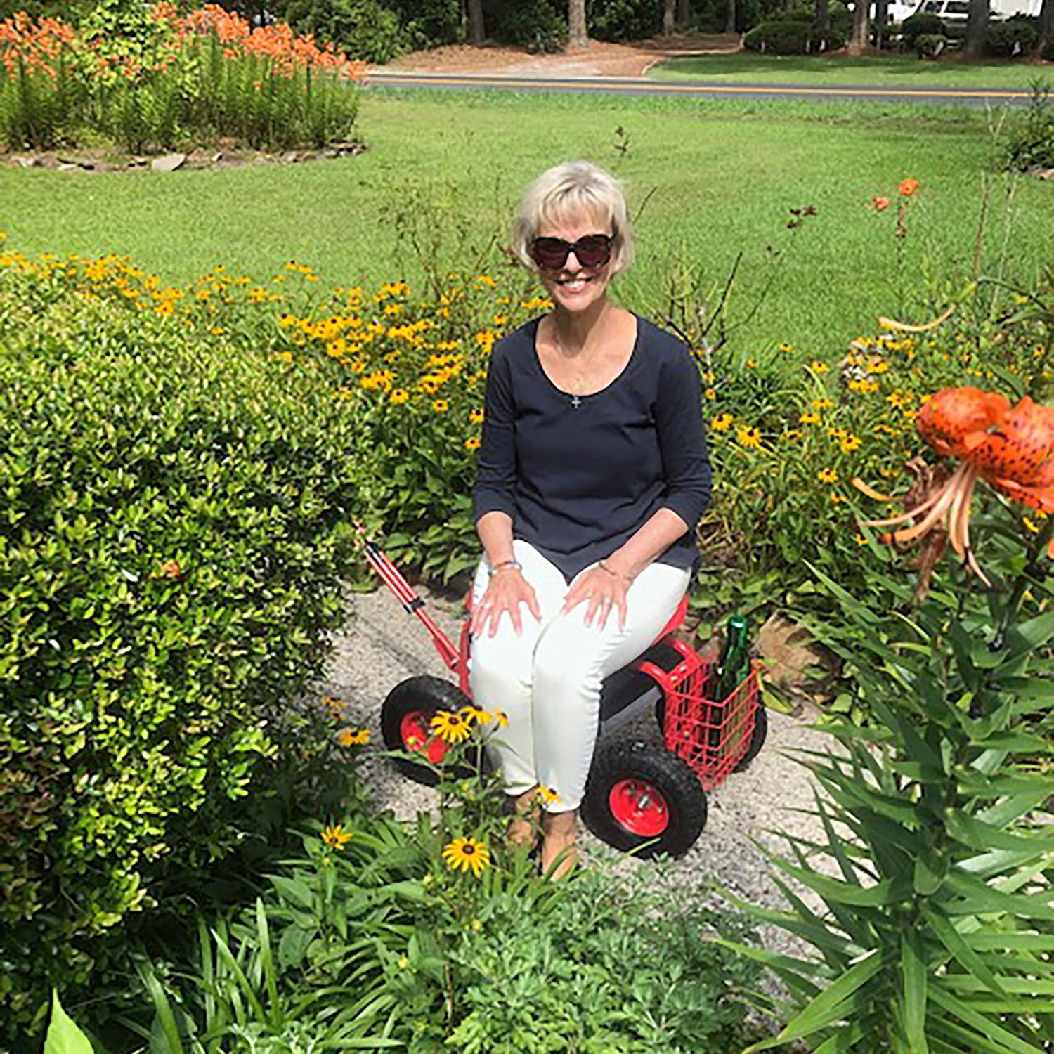 Sunnydaze Garden Seat with Wheels and Adjustable Handle, Red | Steel Rolling Gardening Seat with Utility Tray for Storage, Rotating, Swiveling Motion