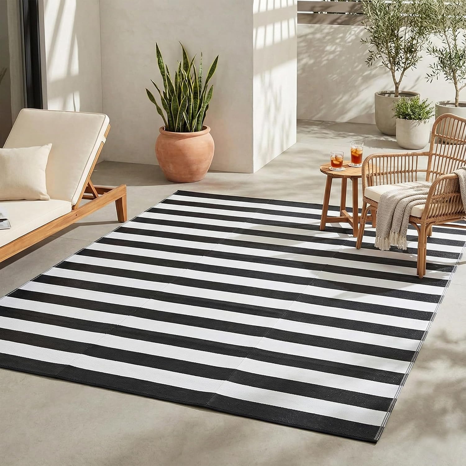 FH Home Outdoor Camping Rug - Waterproof, Fade Resistant, Reversible - Premium Recycled Plastic - Striped - Large Patio, Deck, Sunroom