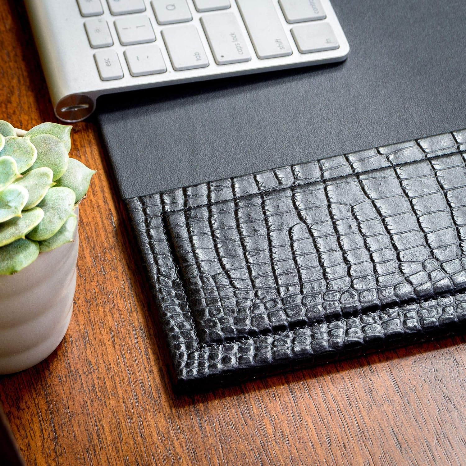 Dacasso Black Crocodile Embossed Leather Desk pad with Side-Rails, 25.5 by 17.25 Inch