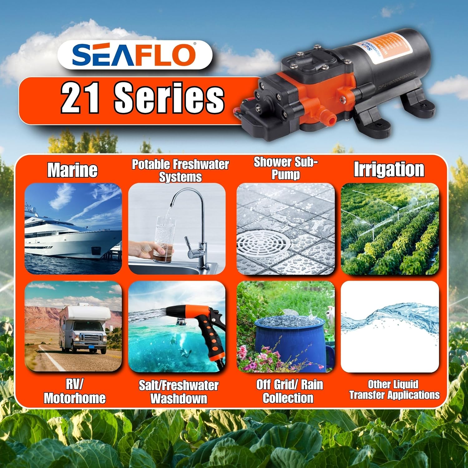 SEAFLO 55 Series 12V RV Water Pump 5.5 GPM 60 PSI Diaphragm Pump Heavy Duty Pressure Switch Built In Bypass Self Priming Quiet High Flow RV Marine Off Grid Freshwater System 4-Year Warranty
