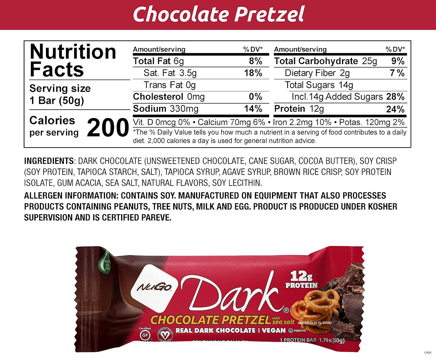NuGo Dark, Mint Chocolate Chip, 13g Vegan Protein Bar, Gluten Free, 24 CT