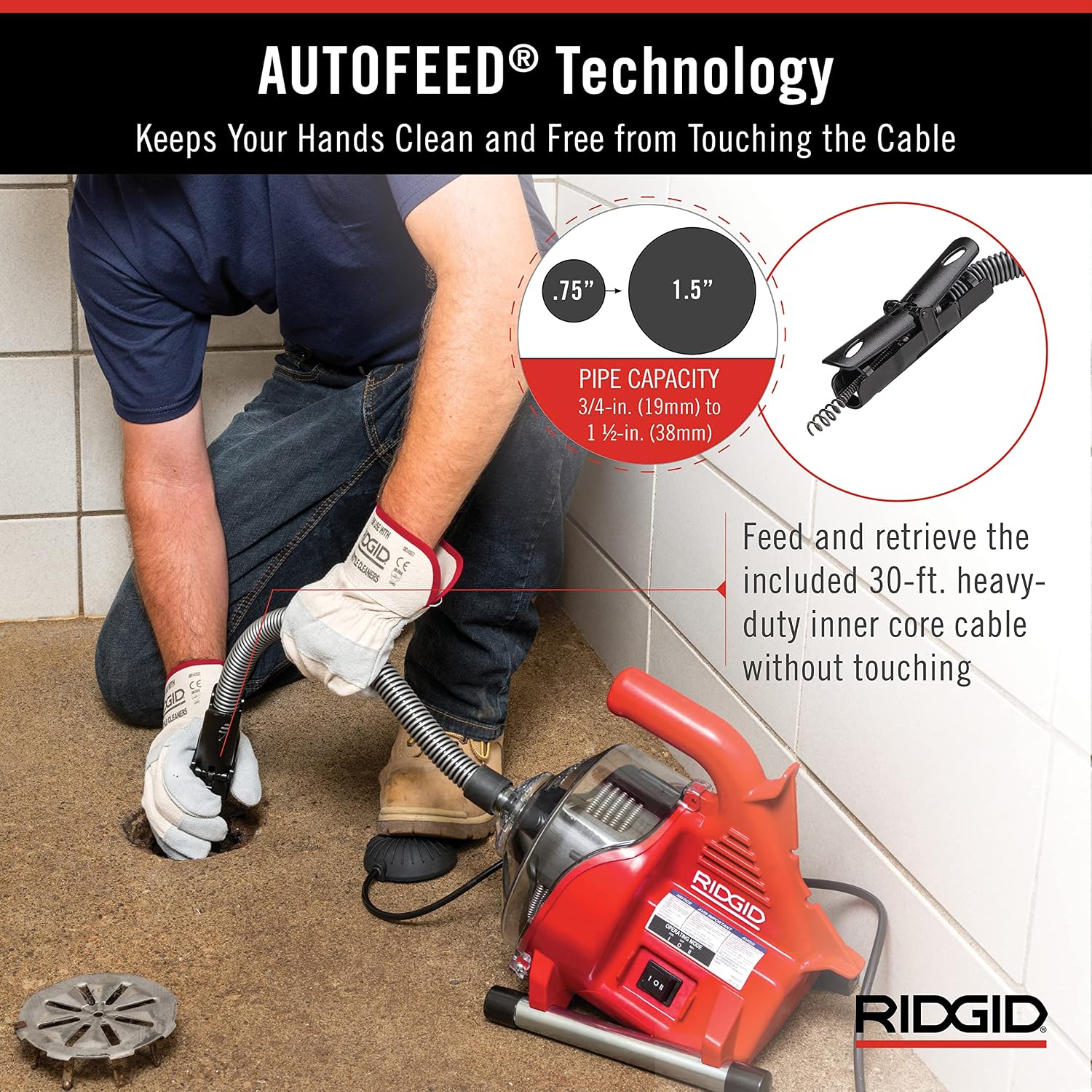 RIDGID 55808 PowerClear 120-Volt Drain Cleaning Machine Kit for Tubs, Showers, and Sinks, Drain Cleaner Machine Kit with AUTOFEED, Inner Core Cable