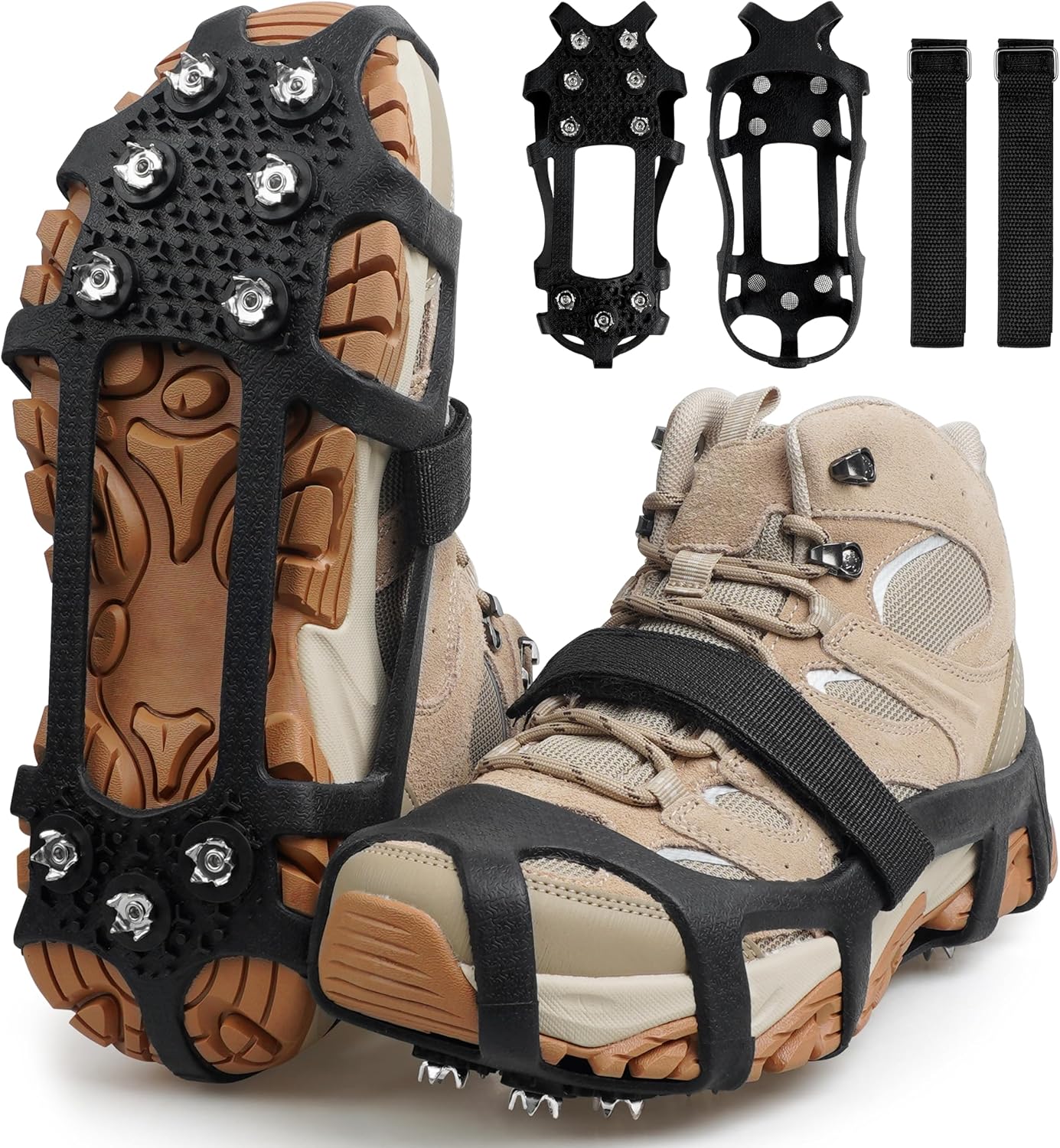 Ice Cleats for Shoes and Boots Crampons Snow Traction Cleats Anti Slip Overshoe 9 Steel Studs Shoe Grippers Slip-on Stretch Footwear for Women Men Kids Winter Hiking Climbing