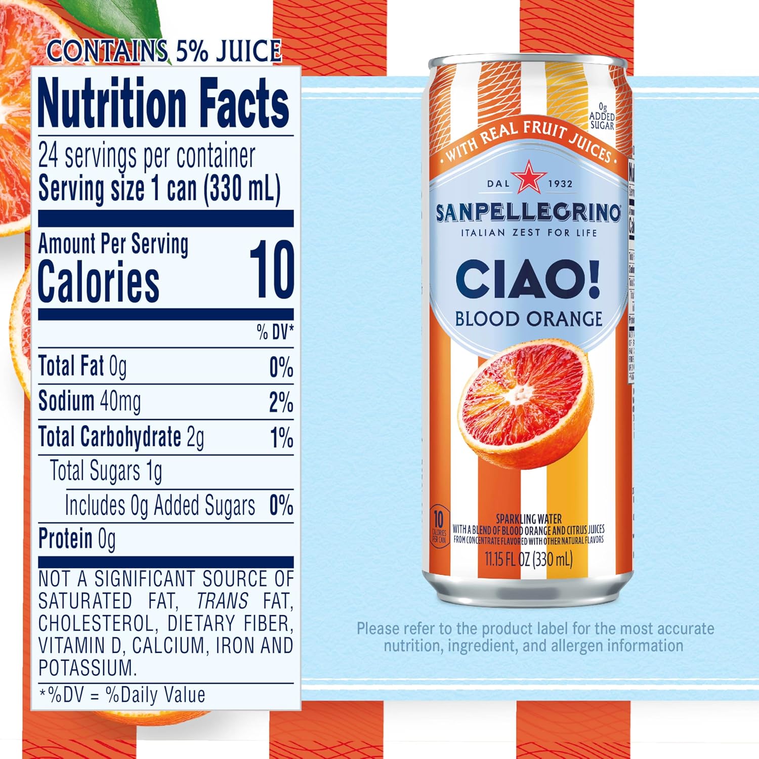 Sanpellegrino CIAO Blood Orange Sparkling Water, Real Fruit Juice, 24 Pack