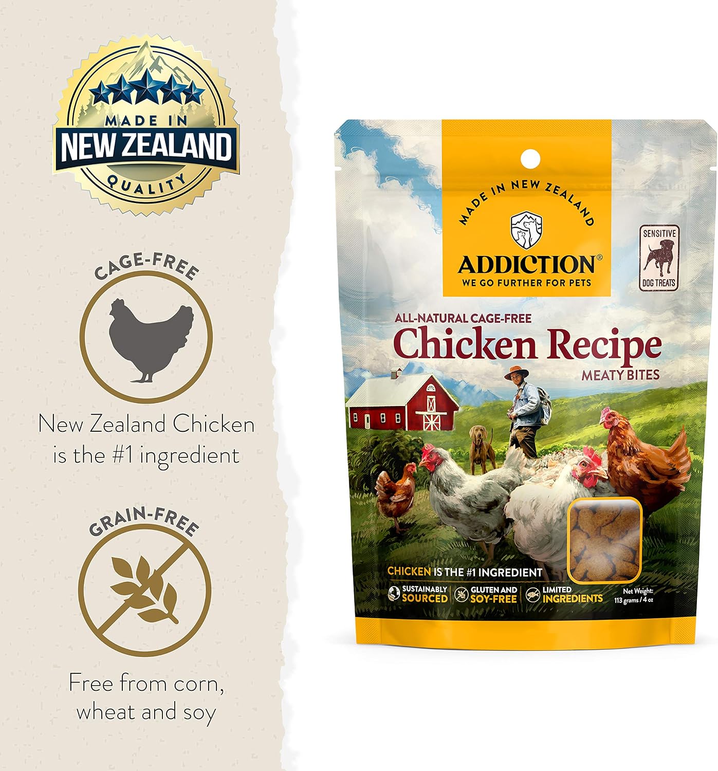 Addiction Venison Recipe Meaty Bites, All Natural Free Range Grain Free High Meat Dog Treats, 4 Oz.