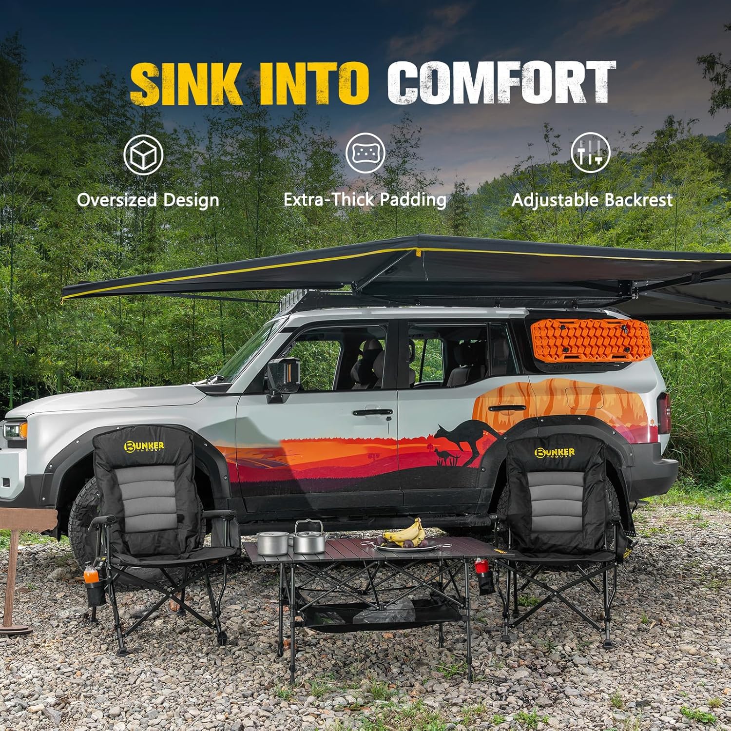 BUNKER INDUST Folding Camping Chair, Oversized with Padded Cushion, Outdoor Chair with Cup Holder Storage Pockets