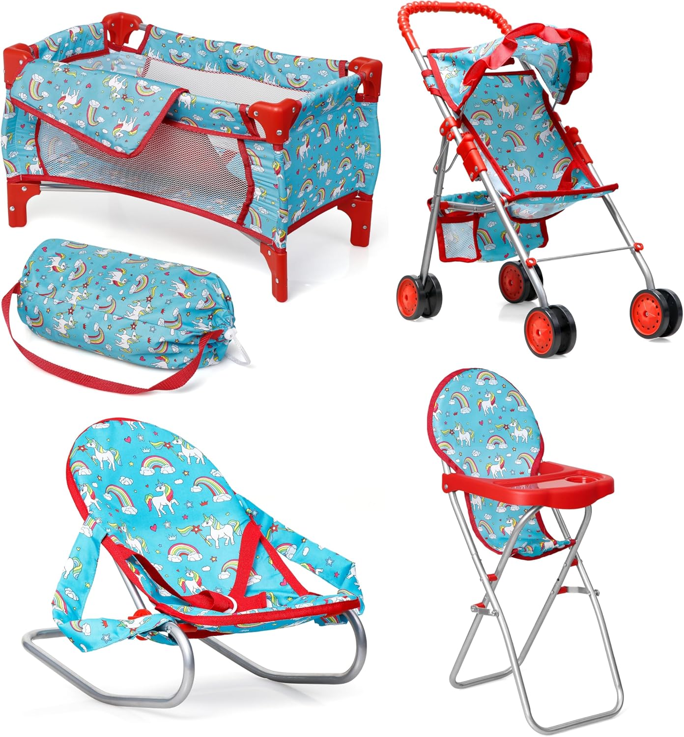 fash n kolor 4 Piece Baby Doll Play Set Flower Design Includes - Foldable Pack N Play, Baby Doll Stroller, Baby Doll High Chair, Infant Seat, Fits Up to 18'' Doll 4 Piece Doll Accessories Set