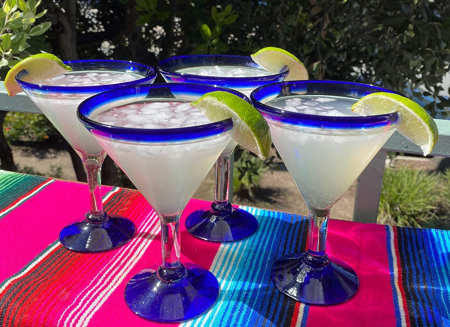 Mexican Hand Blown Glass – Set of 4 Hand Blown Modern Margarita Glasses - Blue Rim (12 oz)