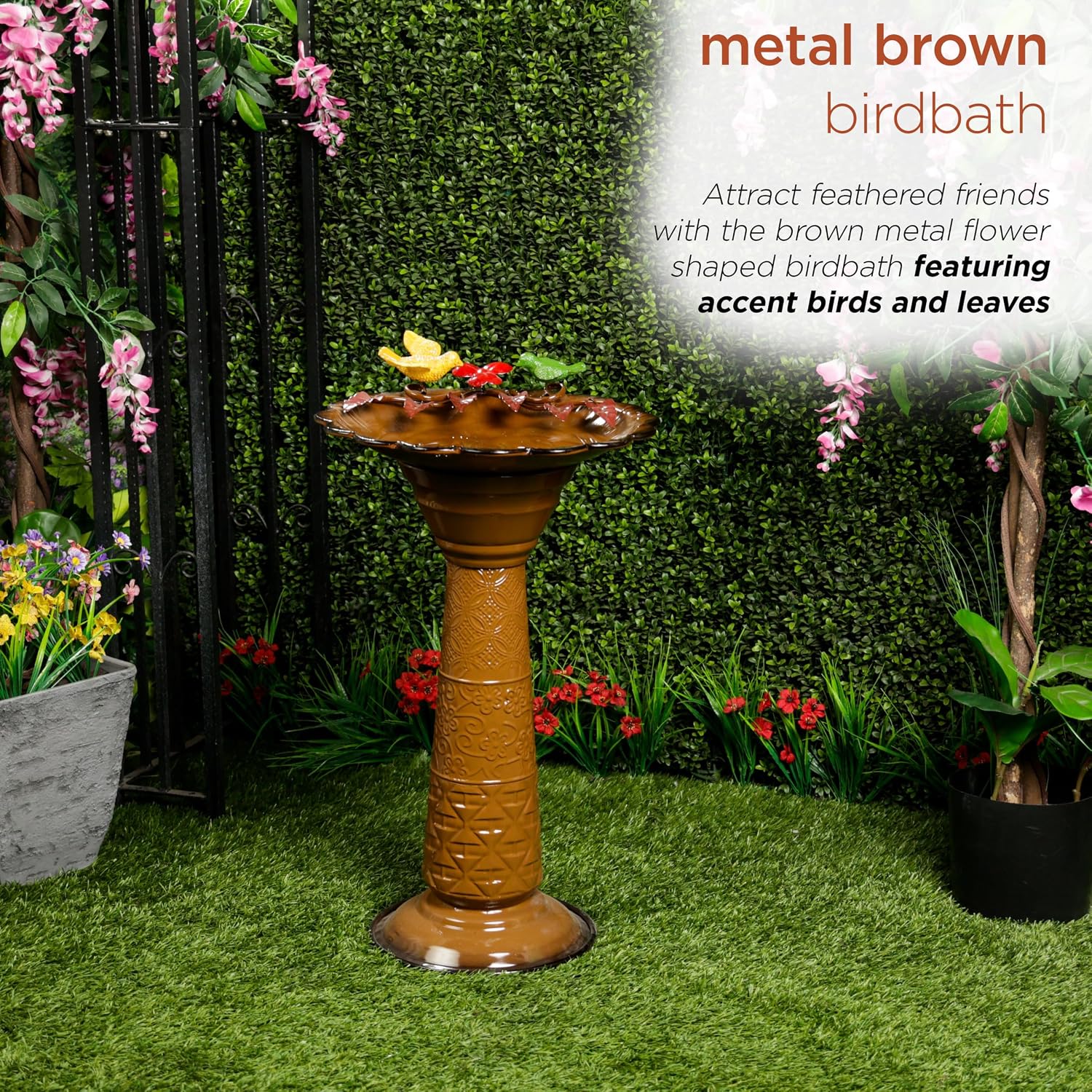 Alpine Corporation - 28" Tall Outdoor Metal Birdbath with Birds and Leaves Yard Statue Decoration, Red – Stunning Garden Accent to Attract Birds - Durable Construction for Patio, Deck, or Yard