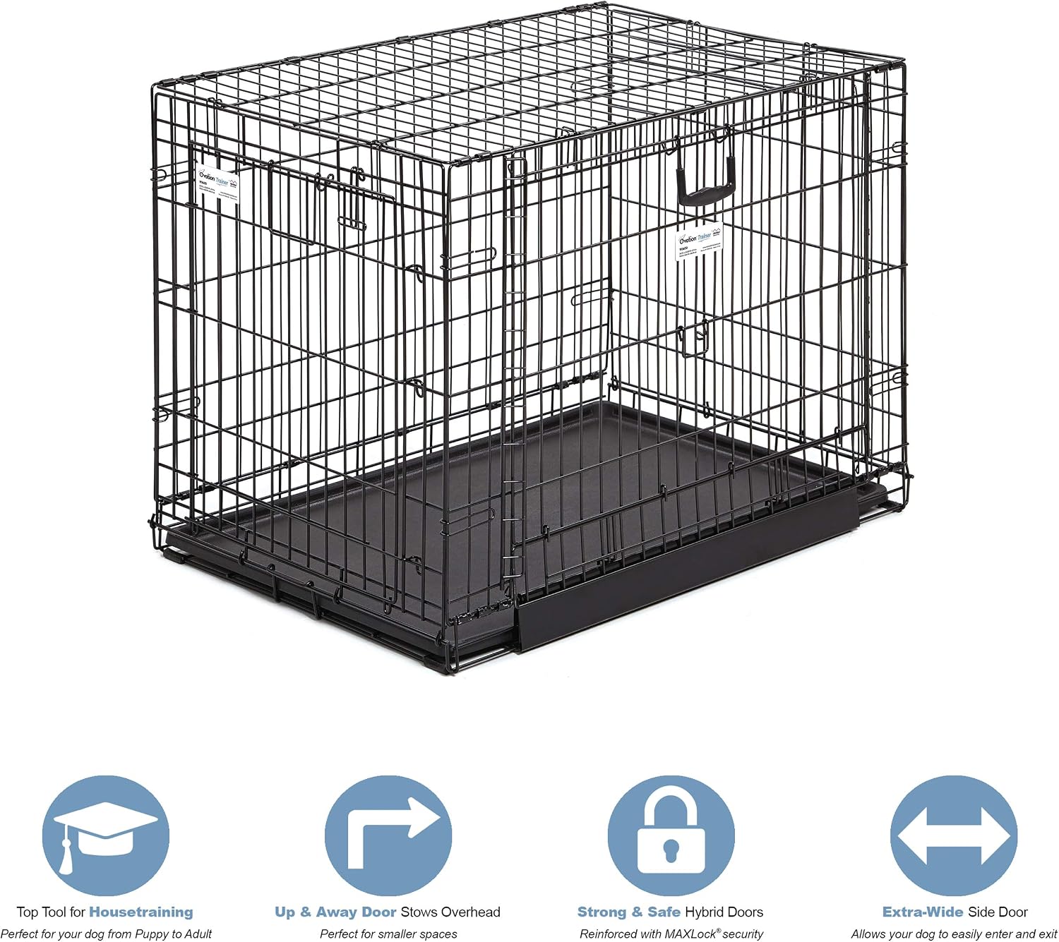 MidWest Homes for Pets Medium Ovation Double Door 30-inch Folding Metal Dog Crate, Front and Up & Away Side Doors, Space-Saving Design