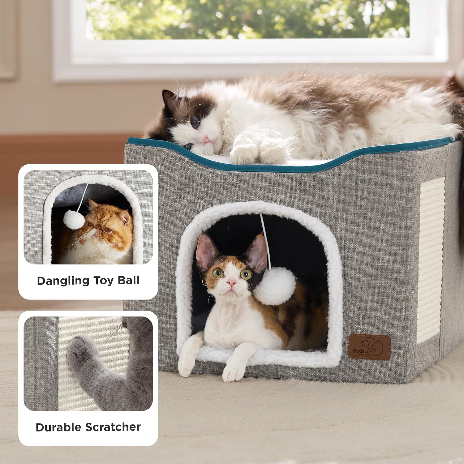 Bedsure Cat House Bed for Indoor Cats with Fluffy Ball and Scratch Pad,Grey