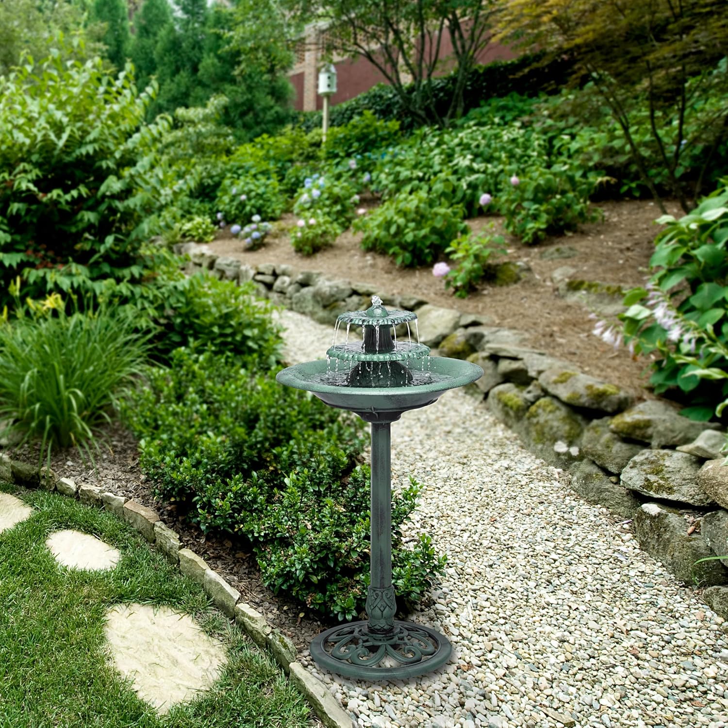 Alpine Corporation 35" Tall 3-Tier Outdoor Pedestal Water Fountain – Durable Resin Cascading Water Feature and Birdbath for Garden, Patio, Deck