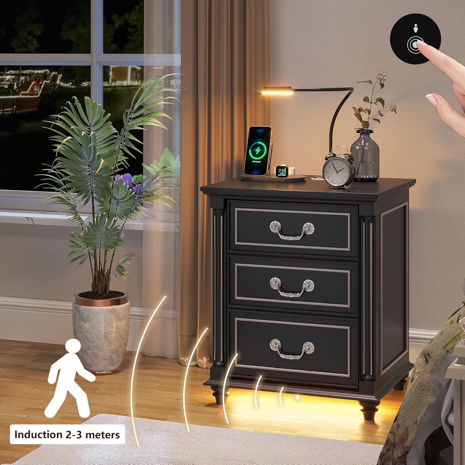 Dystler Nightstand with Gun Drawer and Charging Station | Night Stand with LED Light