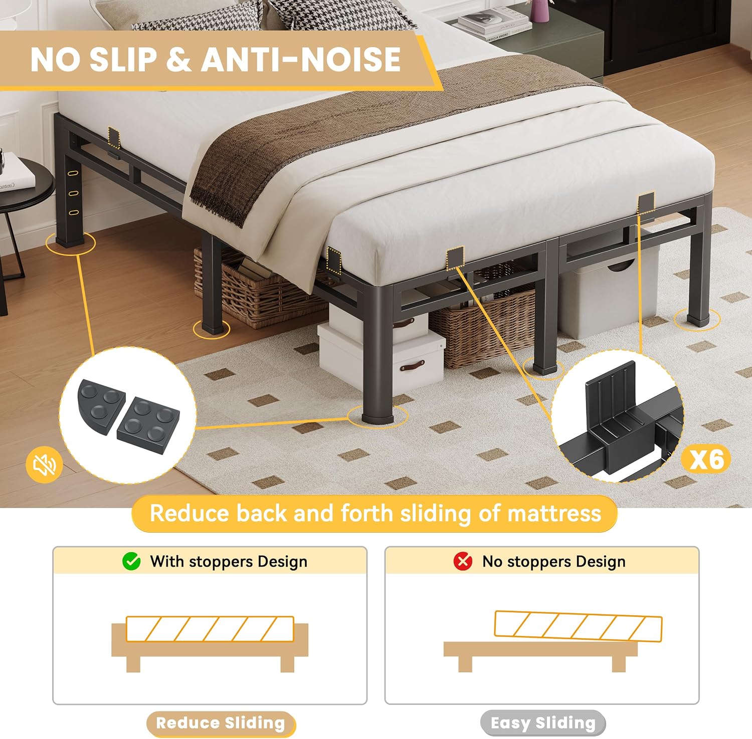 Full Size Bed Frame Metal,14 Inch Heavy Duty Double Layer Platform Black | Easy Assembly,Noise Free,4000lbs Capacity,6 Mattress Stoppers,Round Corner Legs,Headboard Holes,Anti-Slip Rubber Foot Pads