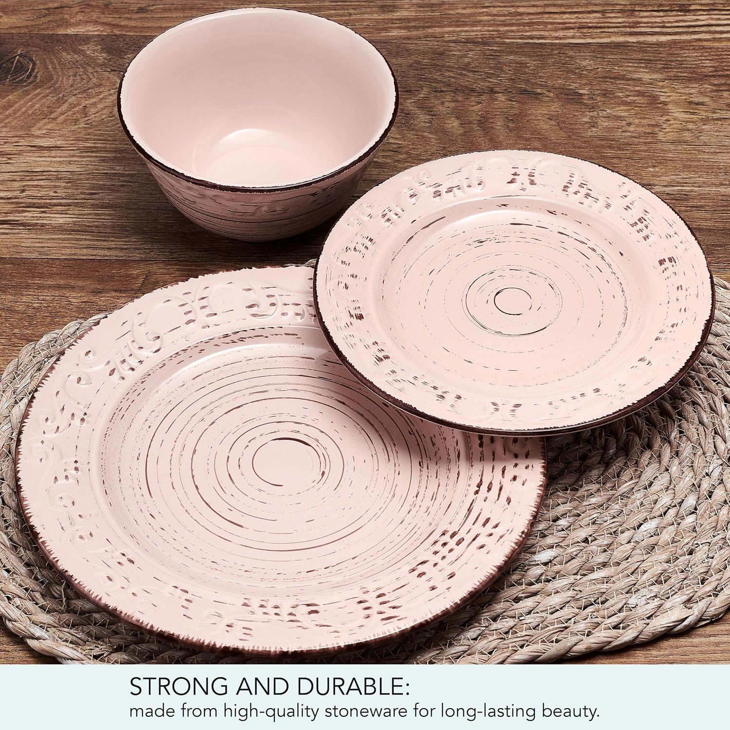 Pfaltzgraff Trellis White 16-Piece Stoneware Dinnerware Set, Service for 4, Distressed White Finish, Microwave & Dishwasher Safe Plates and Bowls