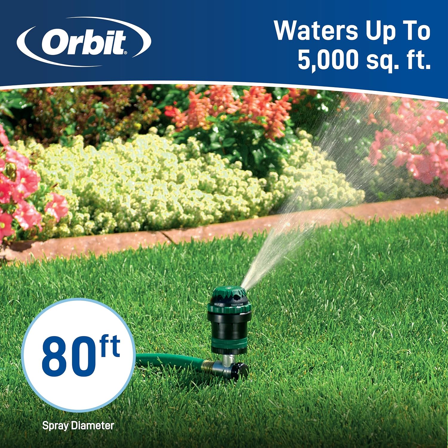 Orbit H2O-Six Gear-Drive Sprinkler on Metal T-Spike - Customizable Lawn Watering Coverage - Multi-Pattern Rotating Head with Adjustable Spray Range - Durable Outdoor Yard Irrigation Sprinkler - 58573