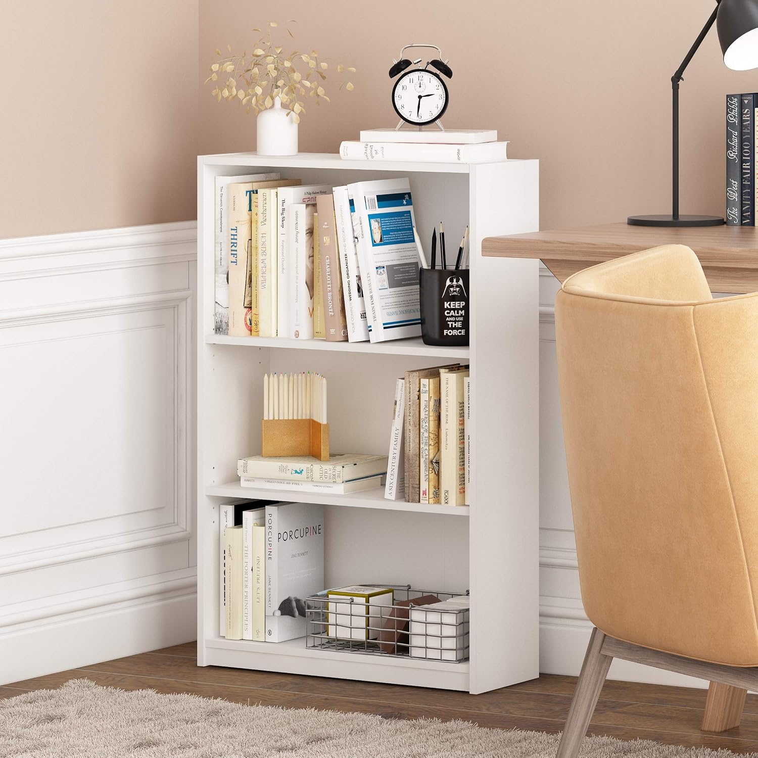 Furinno Jaya Book Shelf, 3-Tier Bookshelf, Bookcase with Adjustable Shelves, 9.5 x 24.5 x 40.3, for Organization and Storage, for Living Room, Bedroom, Home Office, White