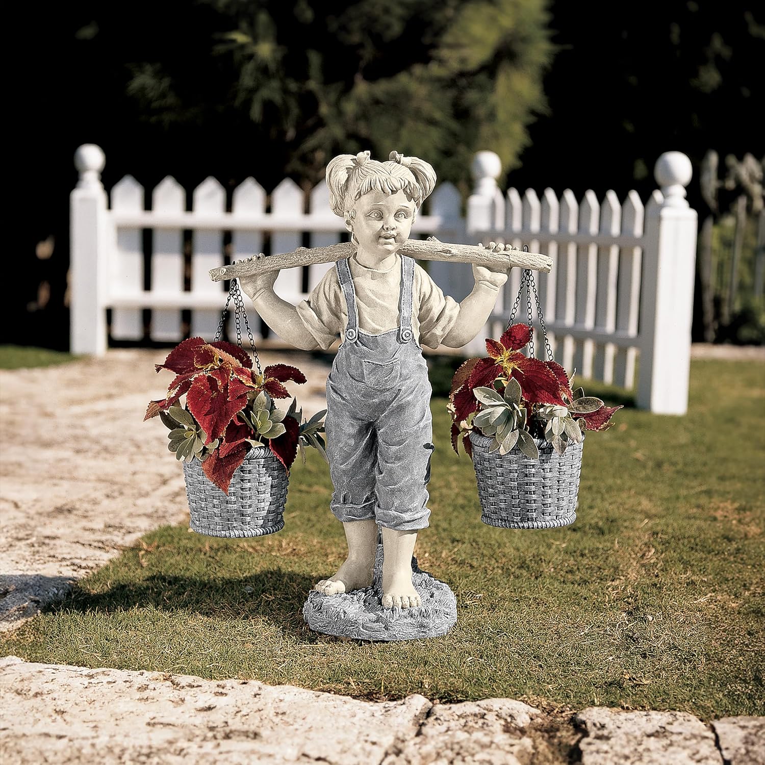 Design Toscano Flowers for Felicity Little Girl Garden Statue with Basket Planters, Medium, 25 Inches Tall, Cast Stone Resin, Two Tone Stone Finish