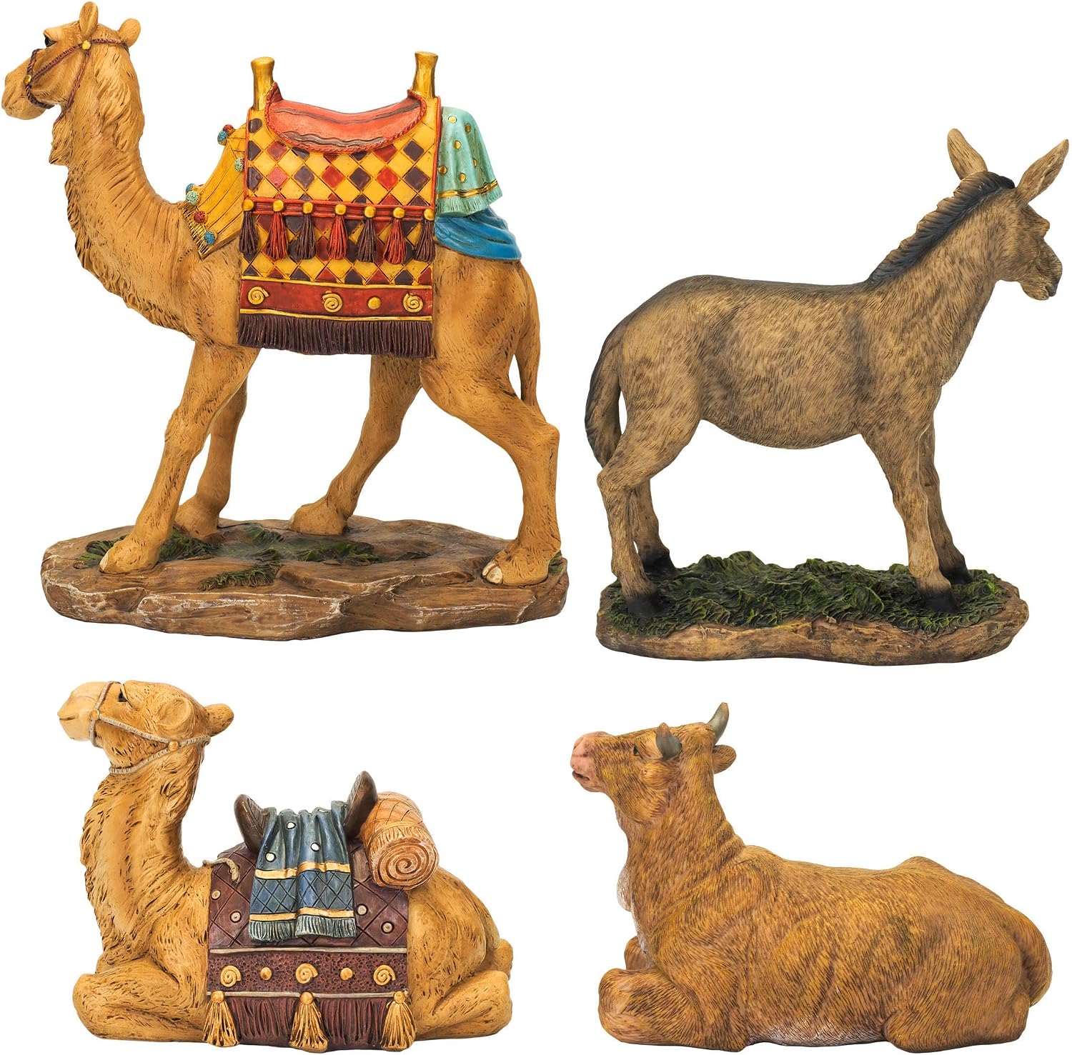Three Kings Gifts Nativity Animals Set, 4-Piece Polystone Standing and Sitting Camels, Donkey, and Ox Figures, Flat Bottom Base Collectibles for 14-Inch Scale Nativity Scene