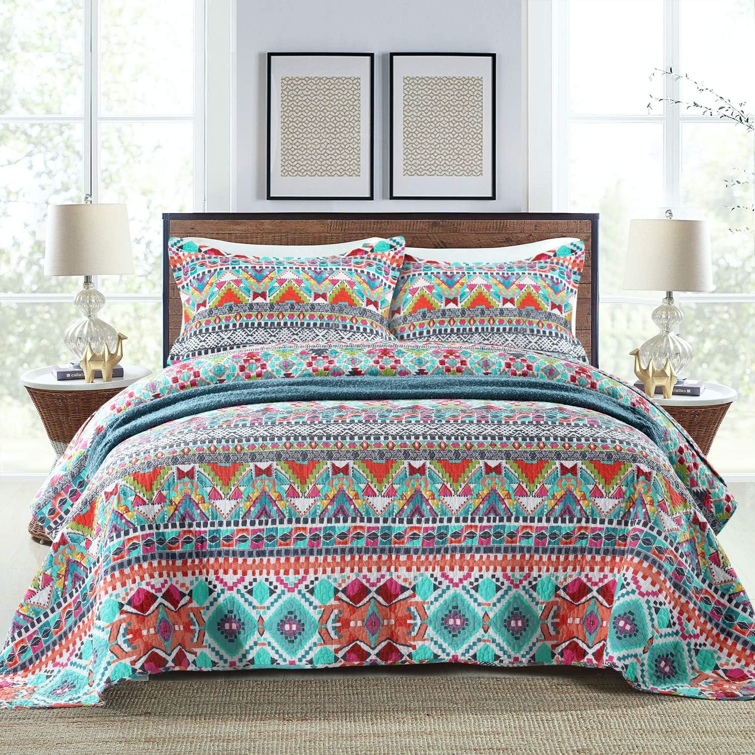 Striped Jacquard Style Cotton 3-Piece Patchwork Bedspread Quilt Sets, Queen Size