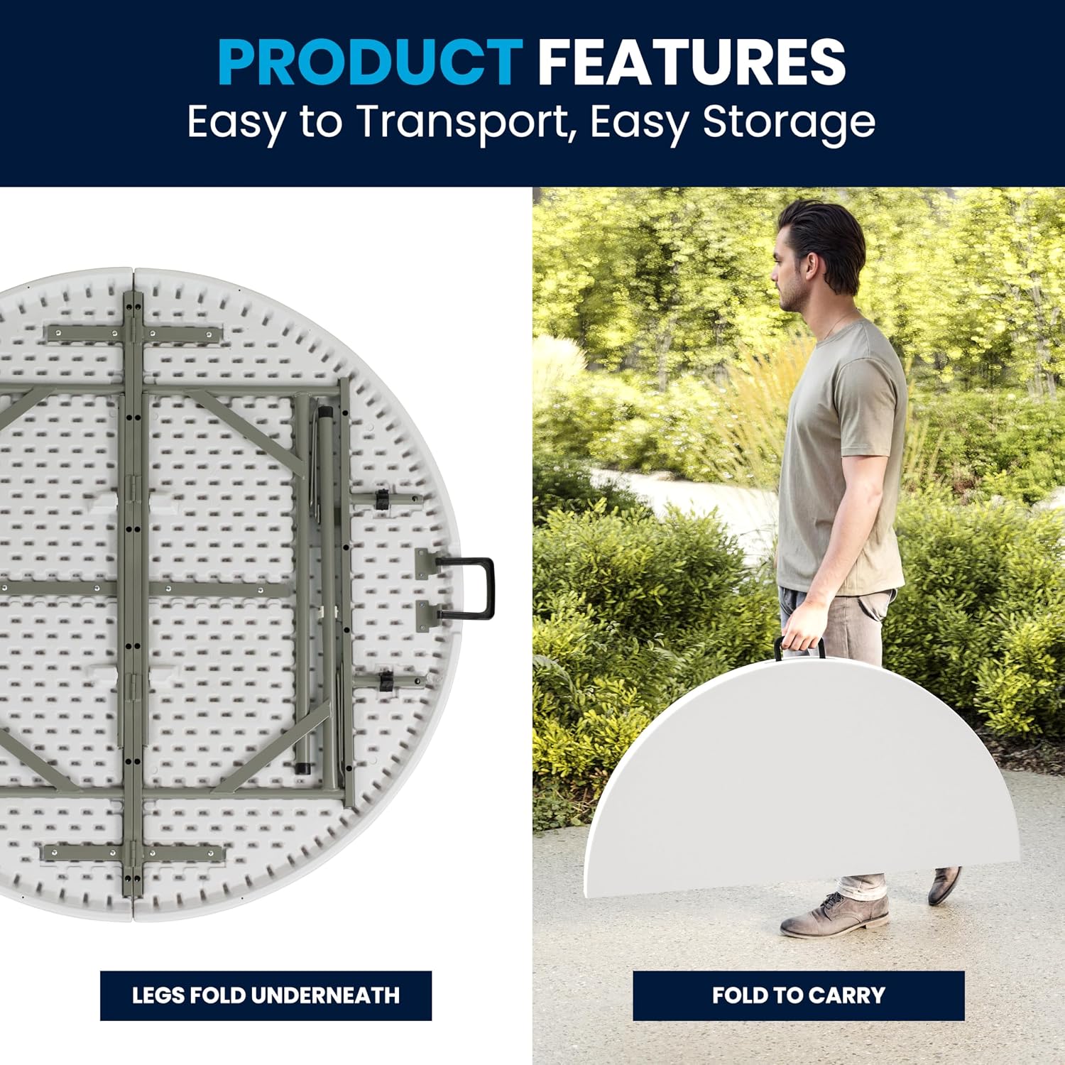 Flash Furniture 5-Foot Round Bi-Fold White Plastic Folding Table | Lightweight, Easy Storage, Commercial Grade, Carrying Handle
