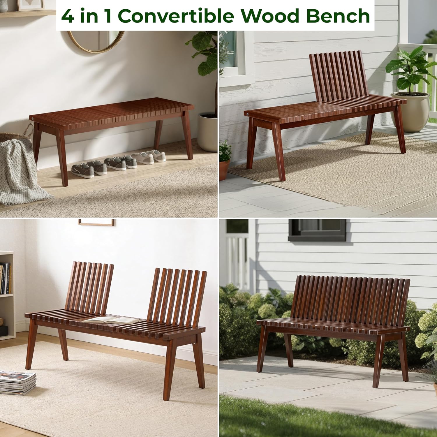 Melino Wooden Bench Outdoor 47" Convertible Acacia Wood Bench, Solid Wood Indoor Patio Benches for Outdoors
