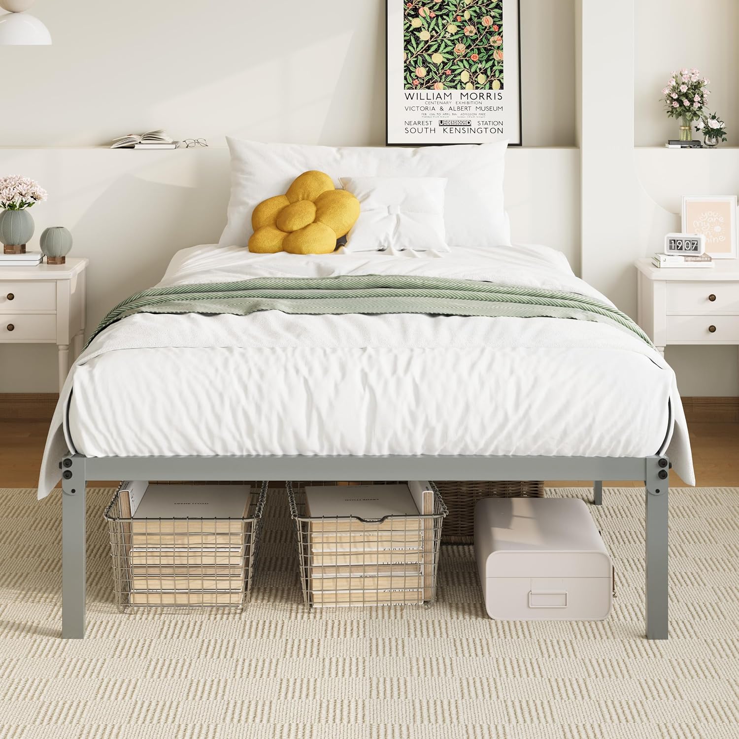 Allewie Full Size Bed Frame, 14 inch Metal Platform Beds with Storage Space, No Box Spring Needed and Easy Assembly, White