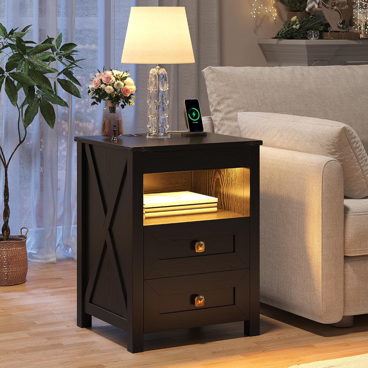 Farmhouse LED Nightstand with Gun Drawer&Invisible Lock,Modern Bedside Table with Human Sensor Design,Rustic Side Table with Wireless Charging for Living Room, Dark Oak