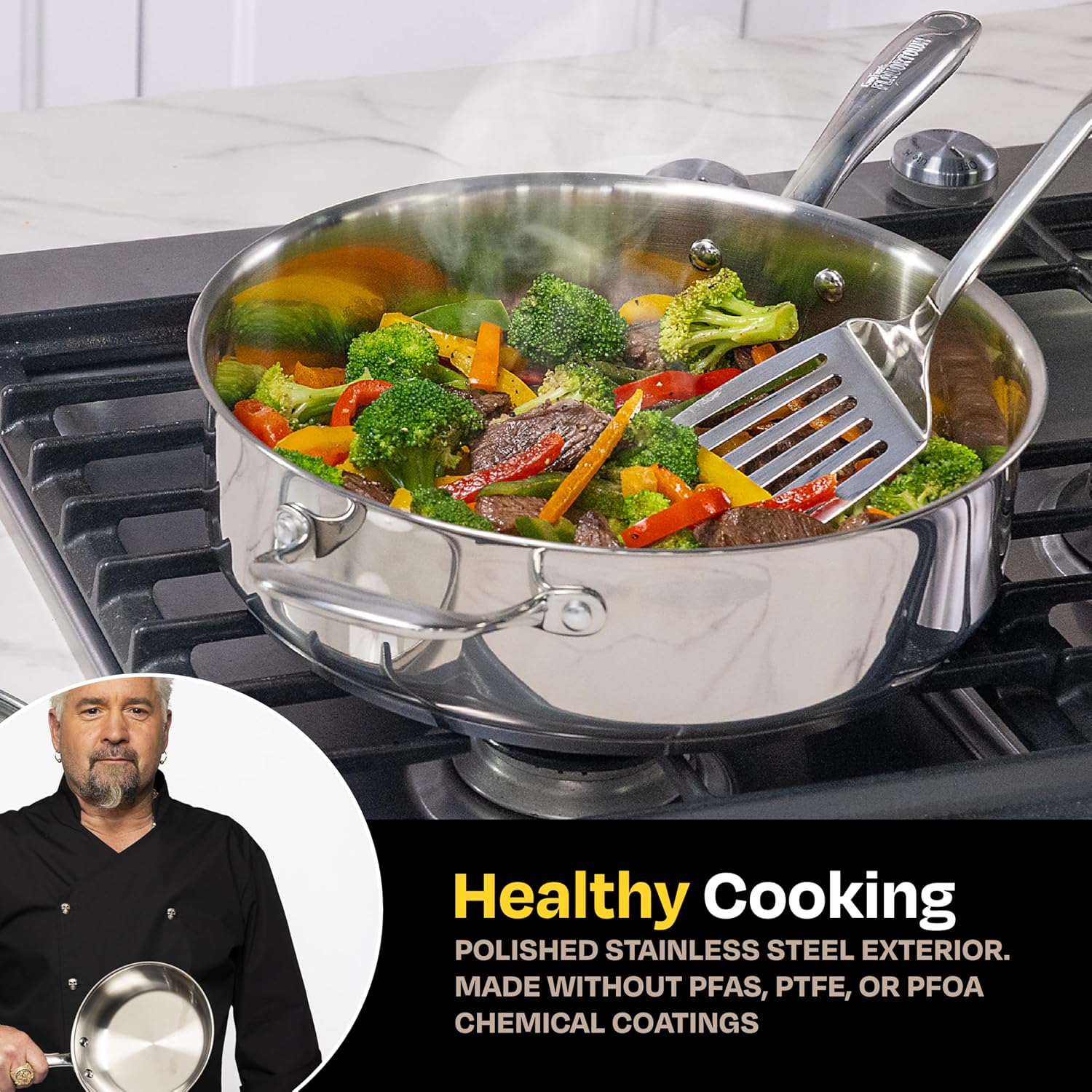 Guy Fieri's Flavortown 10-Piece Stainless Steel Cookware Set | Frying Pans, Saucepans, Saute Pan & Stock Pot, Oven-Safe up to 500F