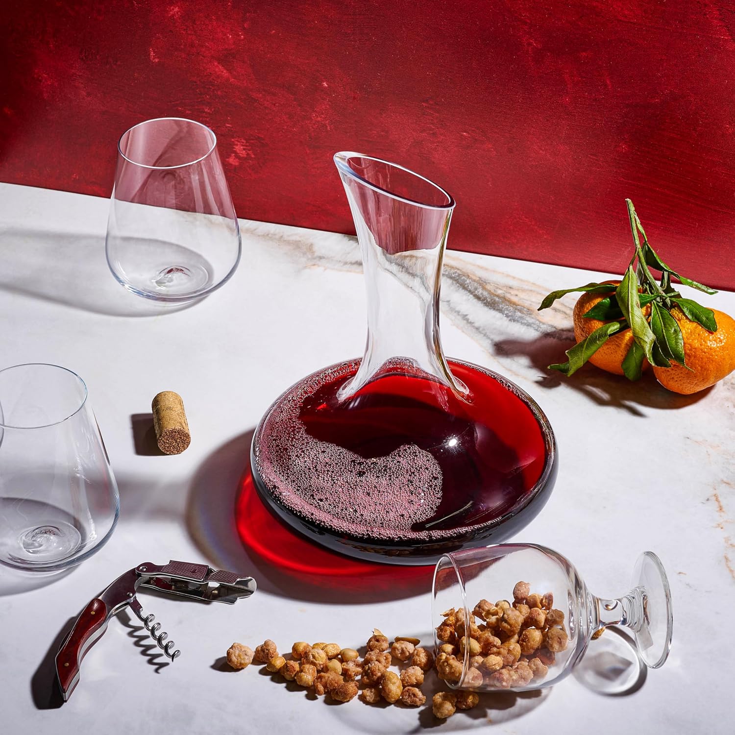 Large Elegant Red Wine Decanter with Aerator Pourer, 1600ml. - Hand Blown Lead-Free Crystal Glass Carafe for Cabernet, Merlot, Home Bar Accessory