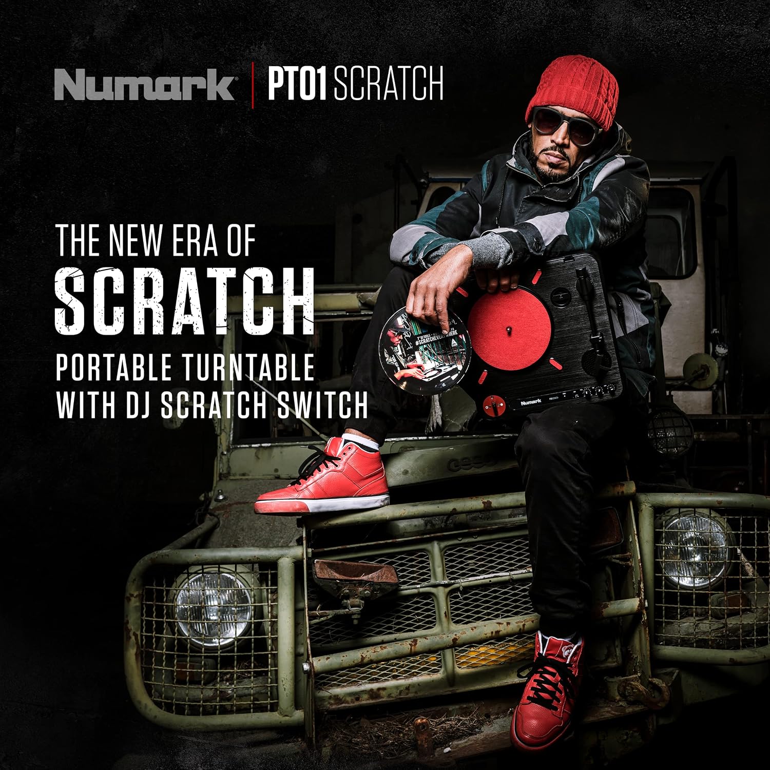 Numark PT01 Scratch Portable DJ Turntable | Scratch Switch, Built-In Speaker, 3-Speed Playback, USB Out, AC and Battery Power for Portablists