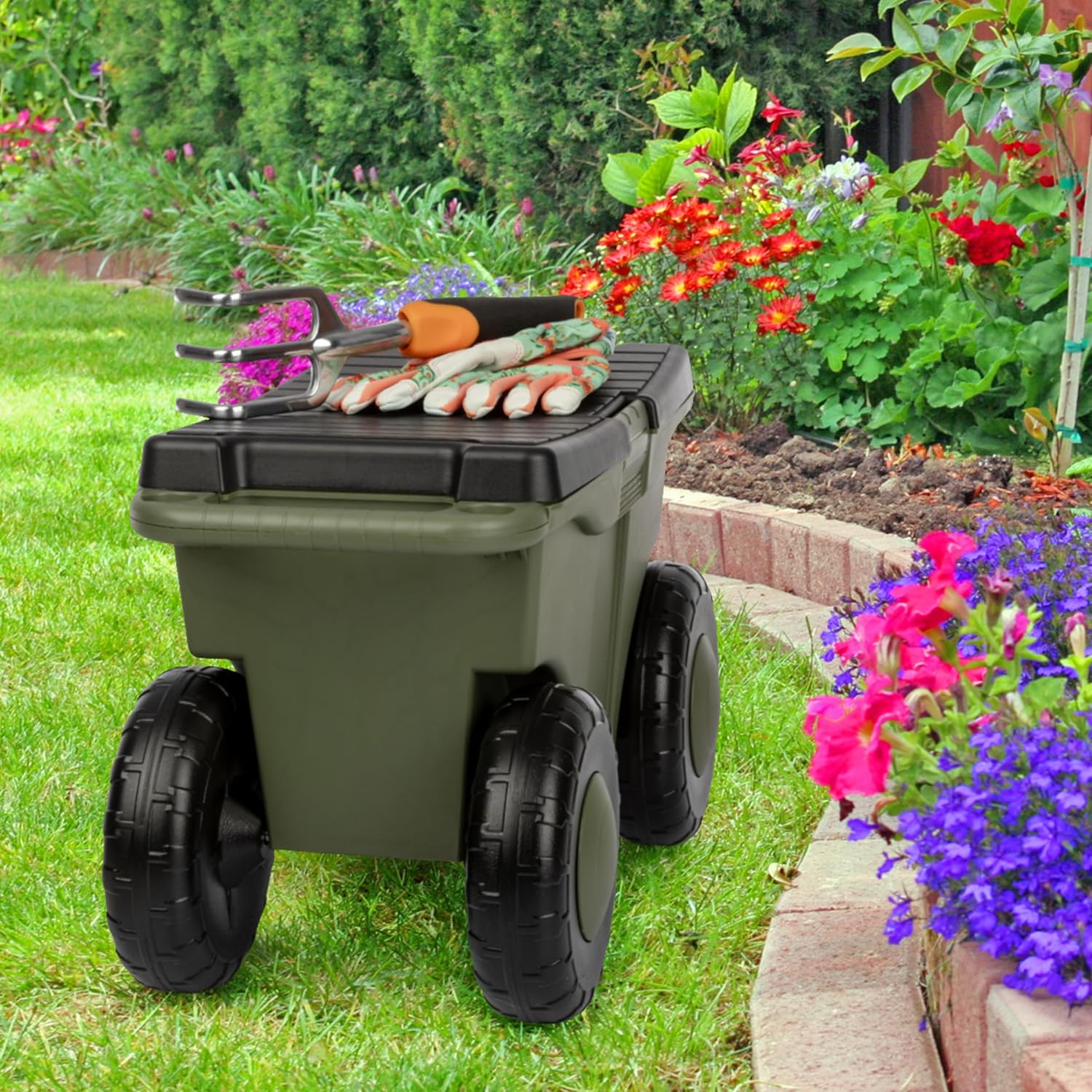 Rolling Garden Cart with Seat - Plastic Storage with Bench and Interior Tool Tray - Gardening Stool for Weeding and Planting By Pure Garden (Green) | Plastic Storage with Bench and Interior Tool Tray - Gardening Stool for Weeding and Planting