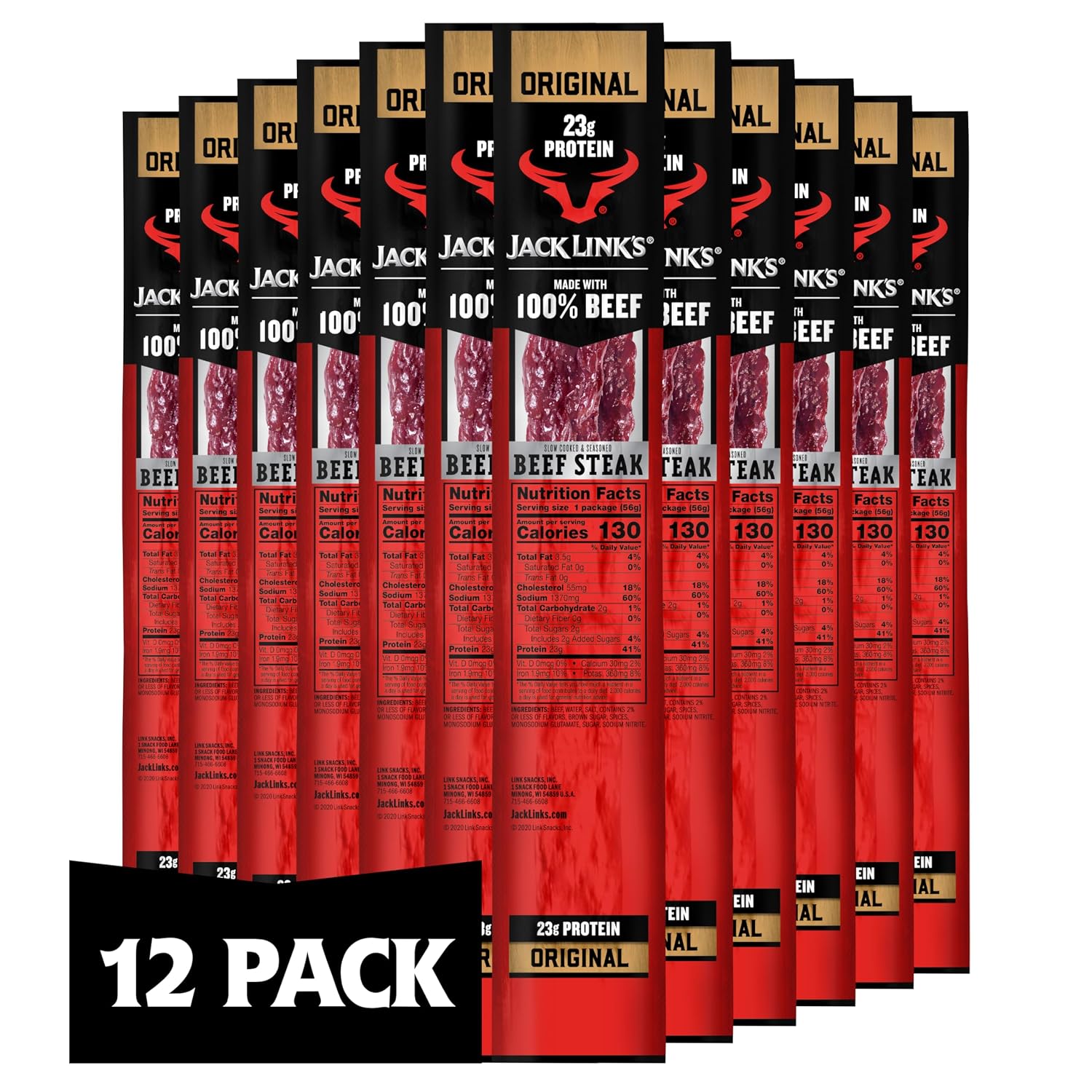 Jack Link's Beef Steak, Original - Protein Snacks, Jerky Meat Snack with 23g of Protein, Made with 100% Beef, Individually Wrapped Bulk Snack Pack, Keto Friendly - 2 Oz. (12 Count)