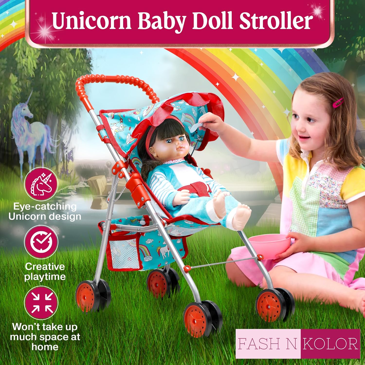 fash n kolor 4 Piece Baby Doll Play Set Flower Design Includes - Foldable Pack N Play, Baby Doll Stroller, Baby Doll High Chair, Infant Seat, Fits Up to 18'' Doll 4 Piece Doll Accessories Set