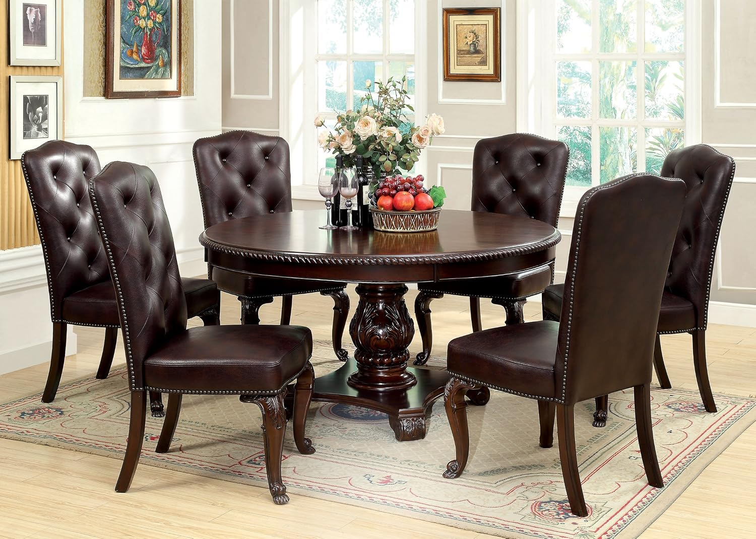 Furniture of America Evangelyn 7-Piece Dining Set with Leather-Like Chairs