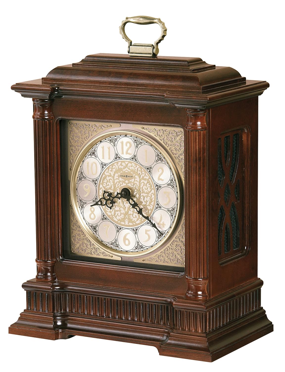 Howard Miller Akron II Mantel Clock – Windsor Finish, Dual-Chime Kieninger Movement, Arabic Numerals, Brushed Nickel Dial, Wooden Base