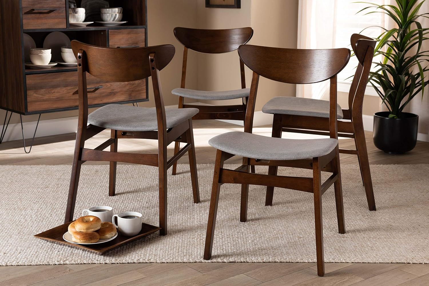 Baxton Studio Parlin Mid-Century Modern Transitional Light Beige Fabric Upholstered and Walnut Brown Finished Wood 4-Piece Dining Chair Set