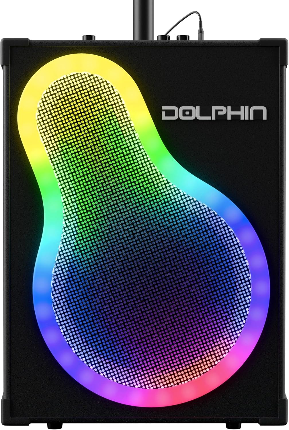 Dolphin Portable Bluetooth Party Speaker with Wired Microphone & Stand | WaveSync Pairing, LED Lights, USB, TF, FM Radio & AUX Inputs, Phone Holder
