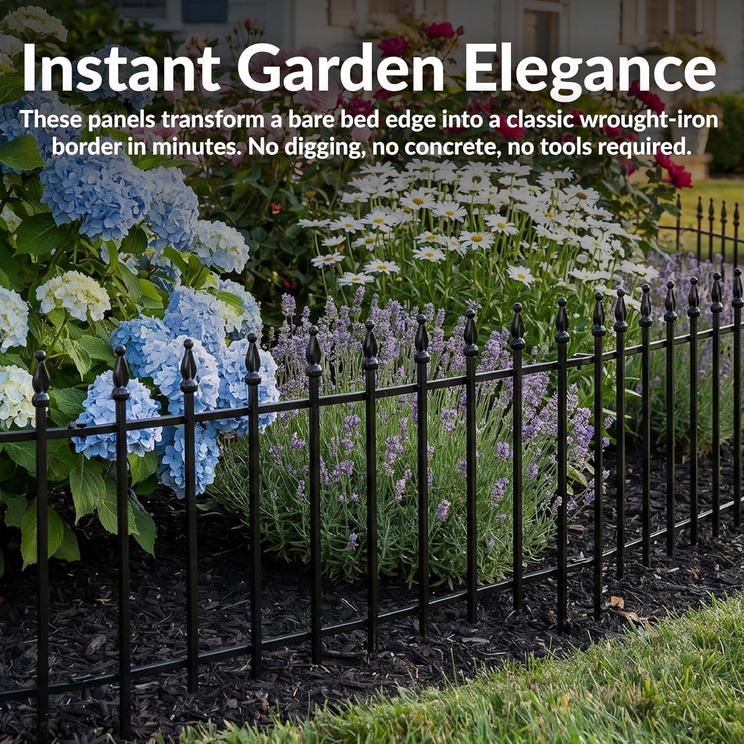 Sunnydaze Decorative Garden Fence Border, 9ft, 5 Panels, Black | 22" W x 18" H No Dig Metal Edging for Flower Beds, Yard, Lawn, Pathways & Landscaping, Roman Finial Design