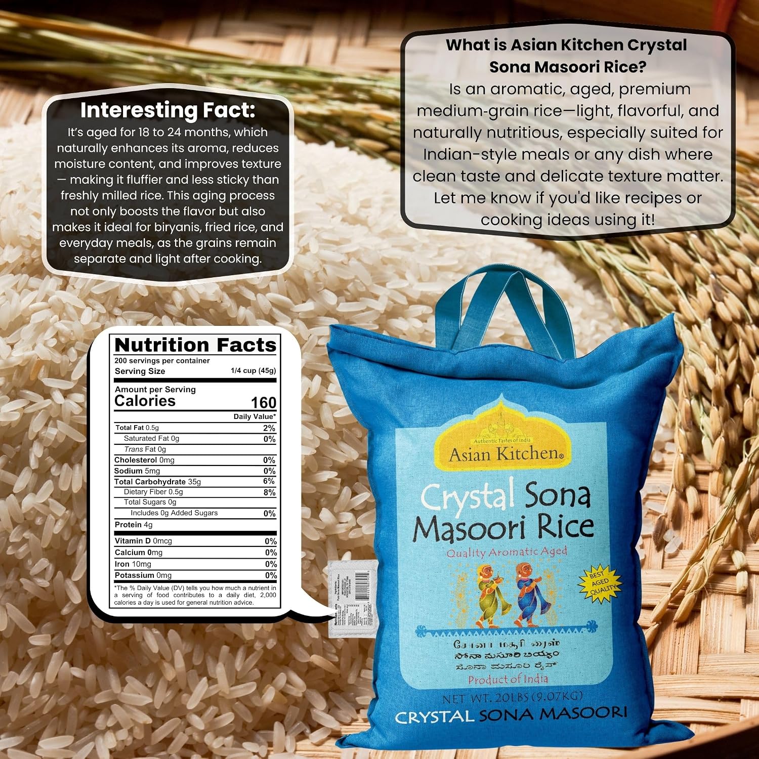 Asian Kitchen White Sona Masoori Aged Rice 20-Pound Bag, 20lbs (9.08kg) Short Grain Rice ~ All Natural | Gluten Friendly | Vegan | Kosher | Indian Origin | Export Quality