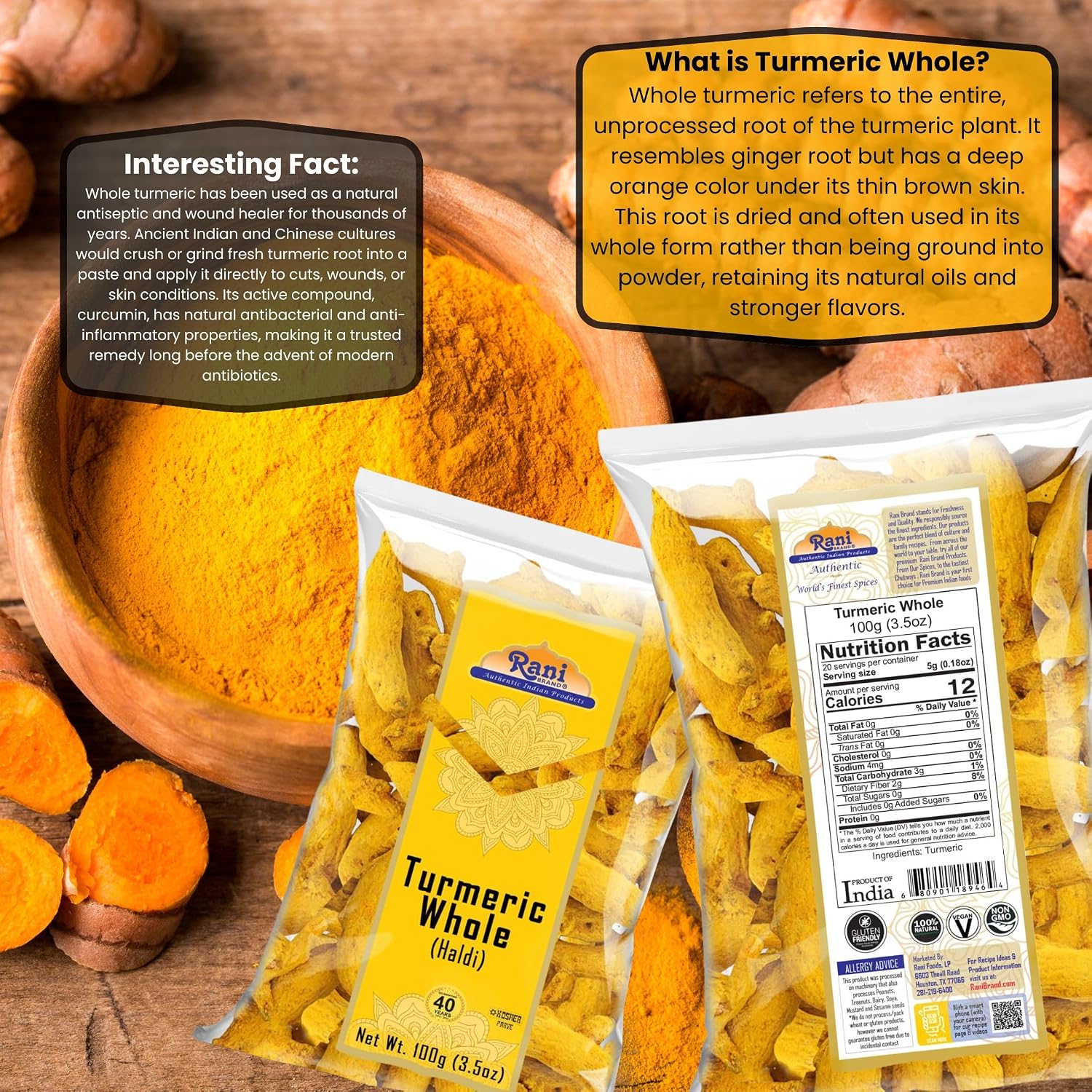 Rani Turmeric (Haldi) Root Whole Spice, Dried 7oz (200g) ~ All Natural | 100% Pure | Vegan | Gluten Friendly | NON-GMO | Kosher | Indian Origin