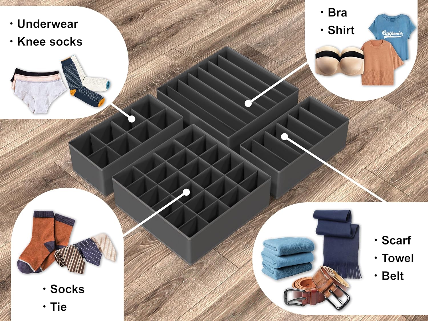 Simple Houseware 4-Pack Drawer Organizer Set for Underwear/Socks/Bra, Gray | Closet Dividers for Underwear, Socks, Bras, Scarves, Ties - Foldable Non-Woven Storage Boxes
