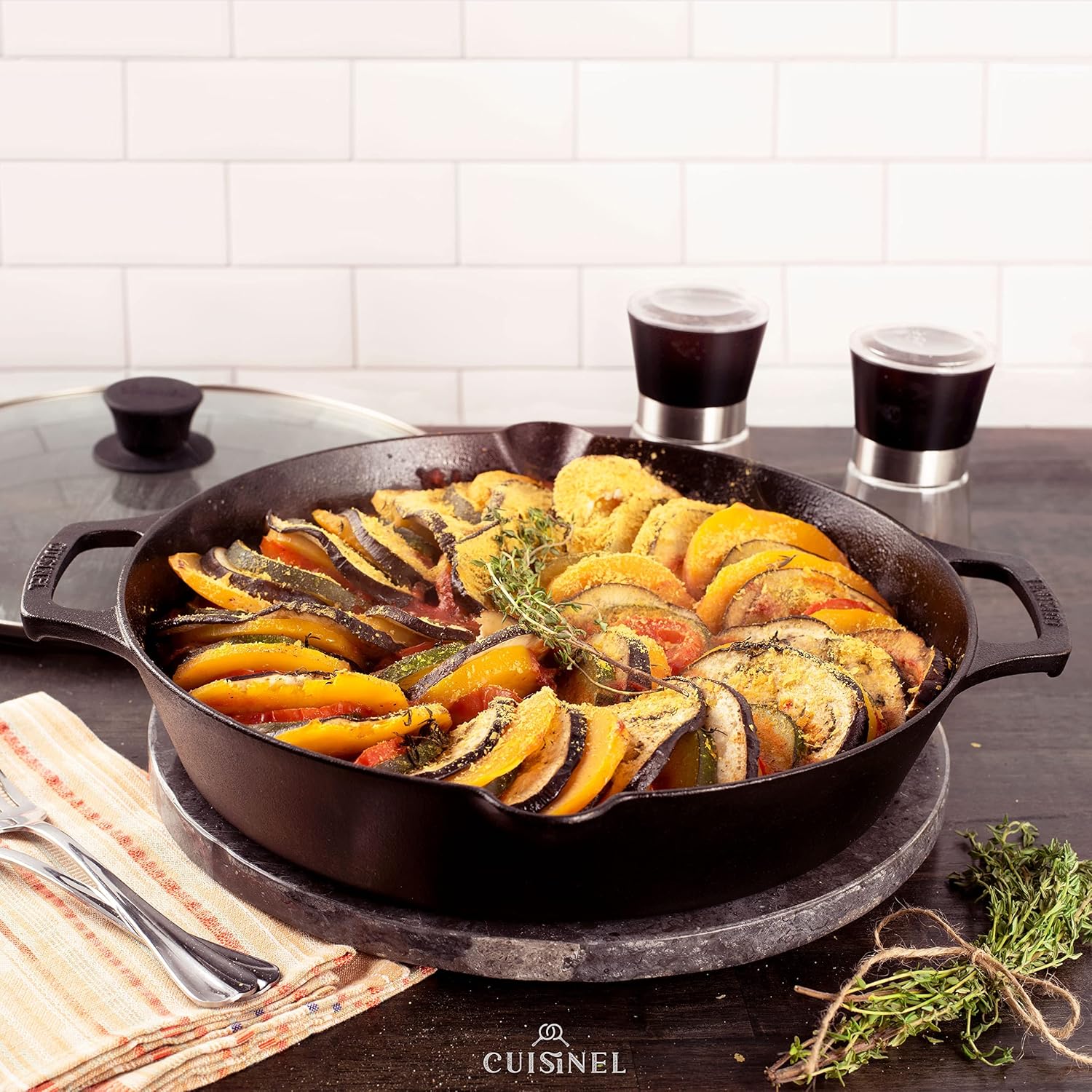 Cuisinel Cast Iron Skillet with Lid - 10"-Inch Pre-Seasoned Frying Pan + Glass Cover + Heat-Resistant Handle Holder - Indoor/Outdoor Use - Grill, Stove, Camp Firepit, Induction - Oven Safe Cookware