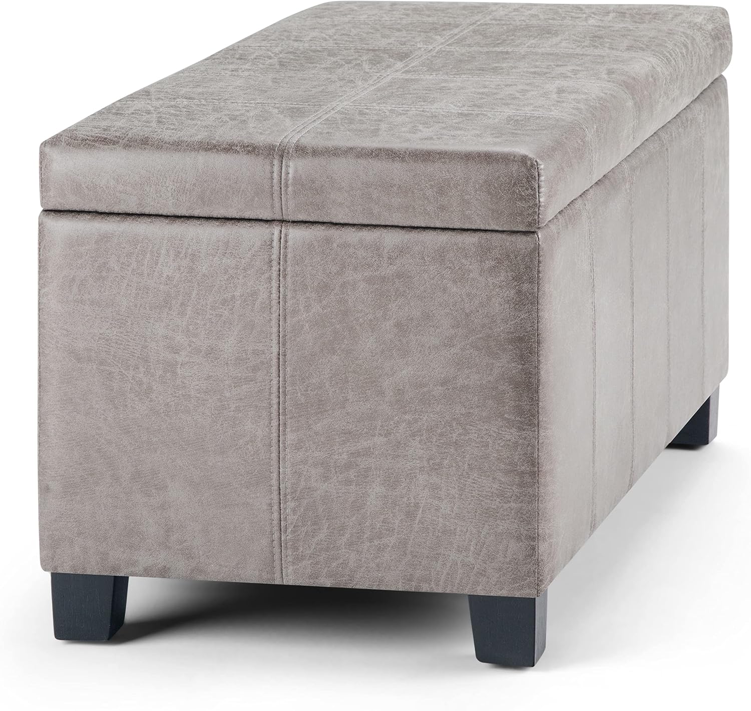 SIMPLIHOME Dover 36" Wide Vegan Leather Storage Ottoman in Midnight Black | Distressed umber brown, contemporary ottoman with lift-top and safety hinges; rectangle storage bench for living room.